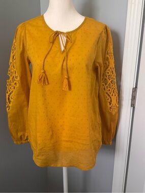 NWT Women's Mustard Swiss Dot, Crochet-Sleeve Tie-Neck Blouse Size XS